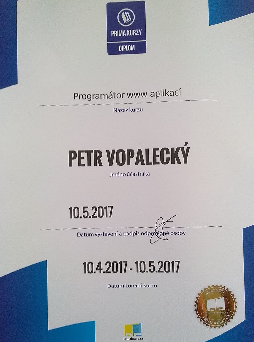Petr Vopalecký - certifikát primakurzy.cz